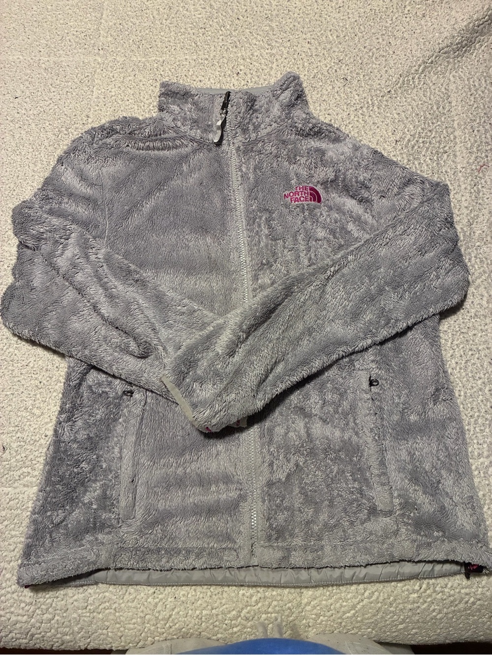 The North Face Gray Fuzzy Full-Zip Jacket with pink accents, size large